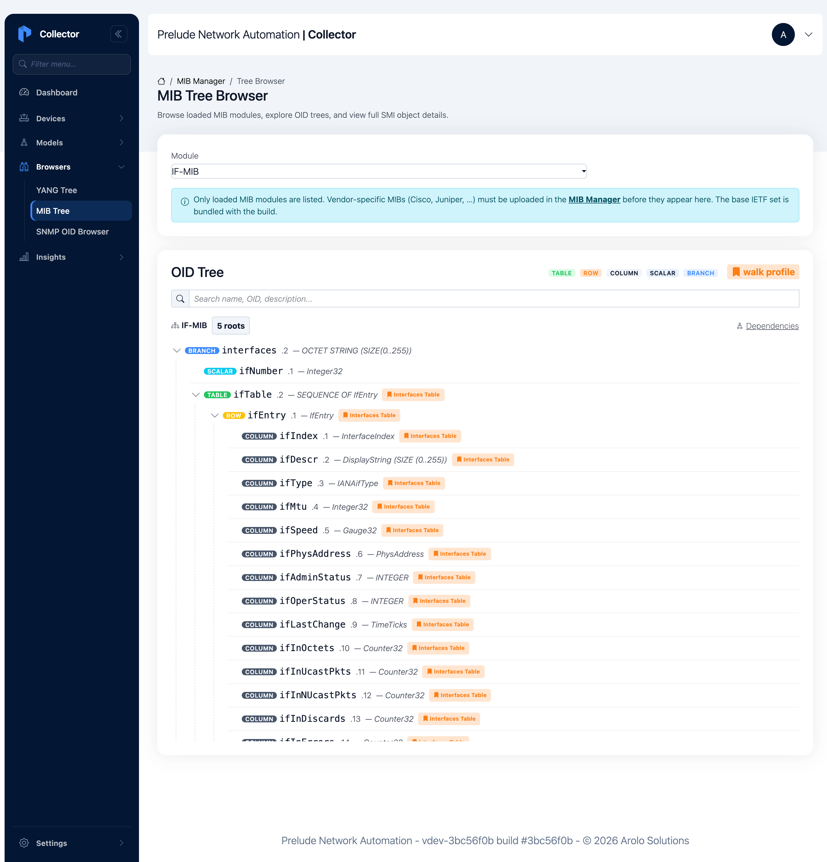 IF-MIB expanded to ifTable, ifEntry, and its columns, each tagged as table, row, column, or scalar with its SMI type, and walk-profile badges on the table members