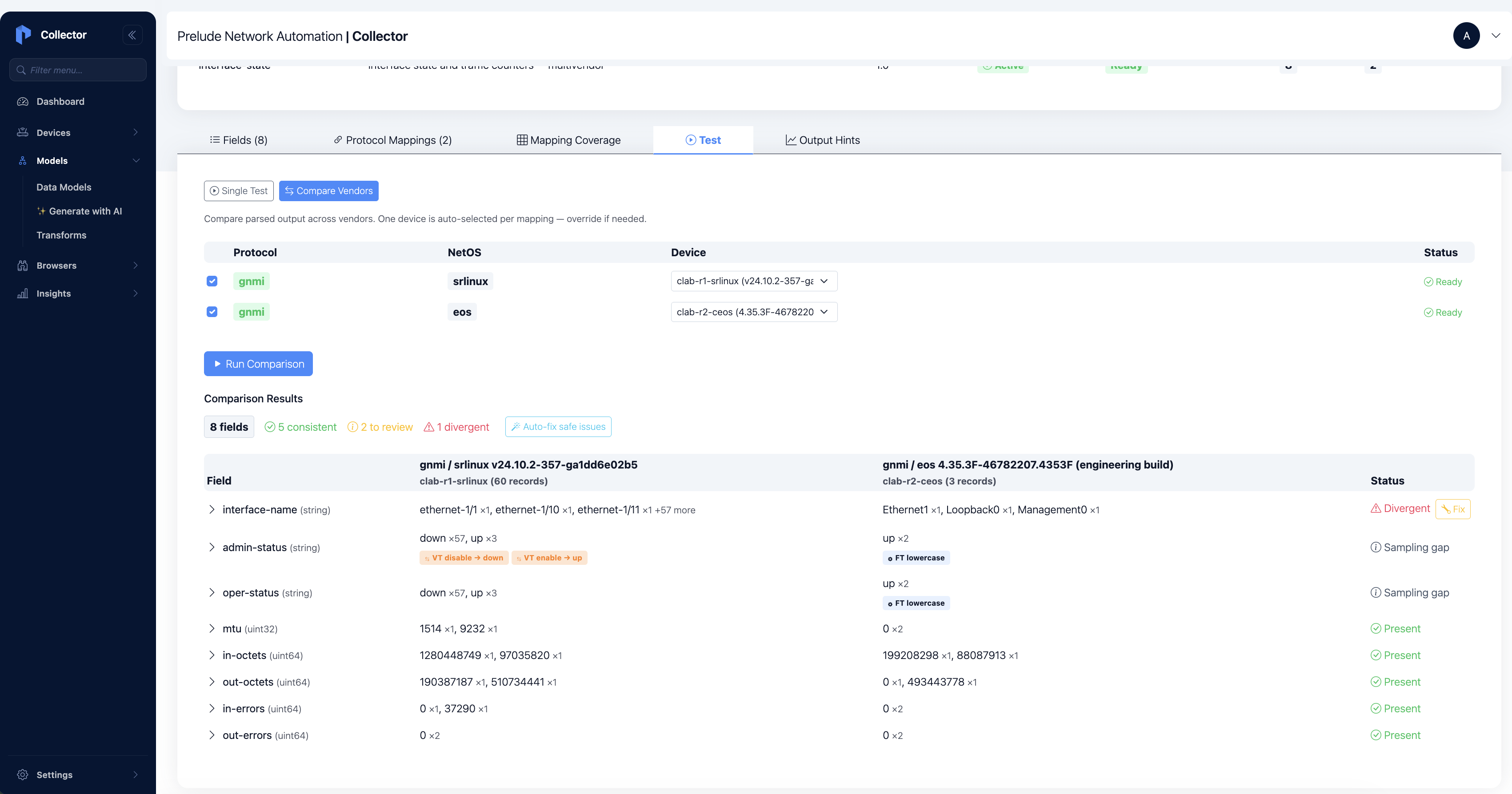 Compare Vendors: both platforms resolving to the same field names and values