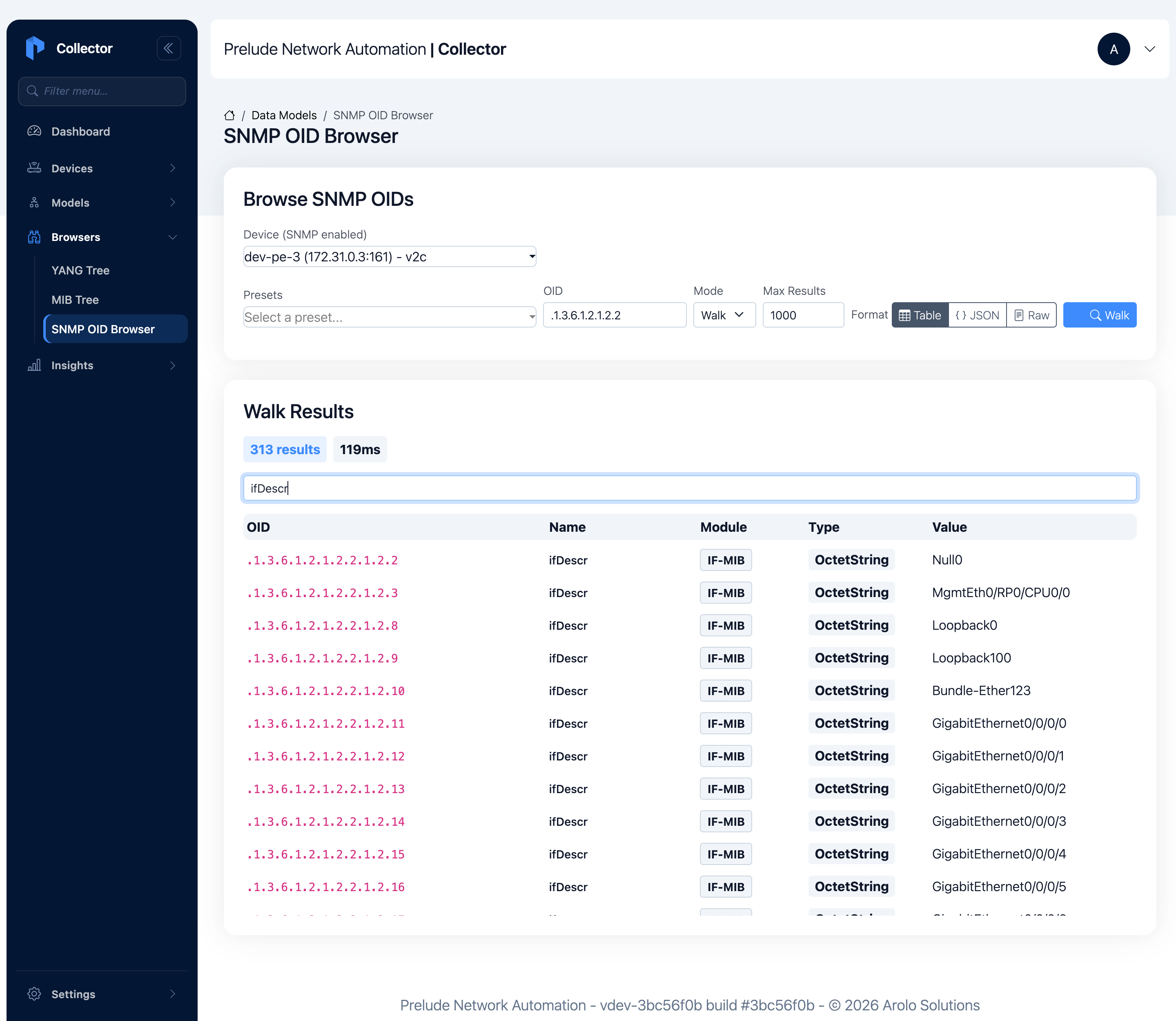 The SNMP OID Browser walk results filtered to ifDescr, each numeric OID resolved to ifDescr in IF-MIB, with live IOS-XR interface names like GigabitEthernet0/0/0/0 and Bundle-Ether123 as the values