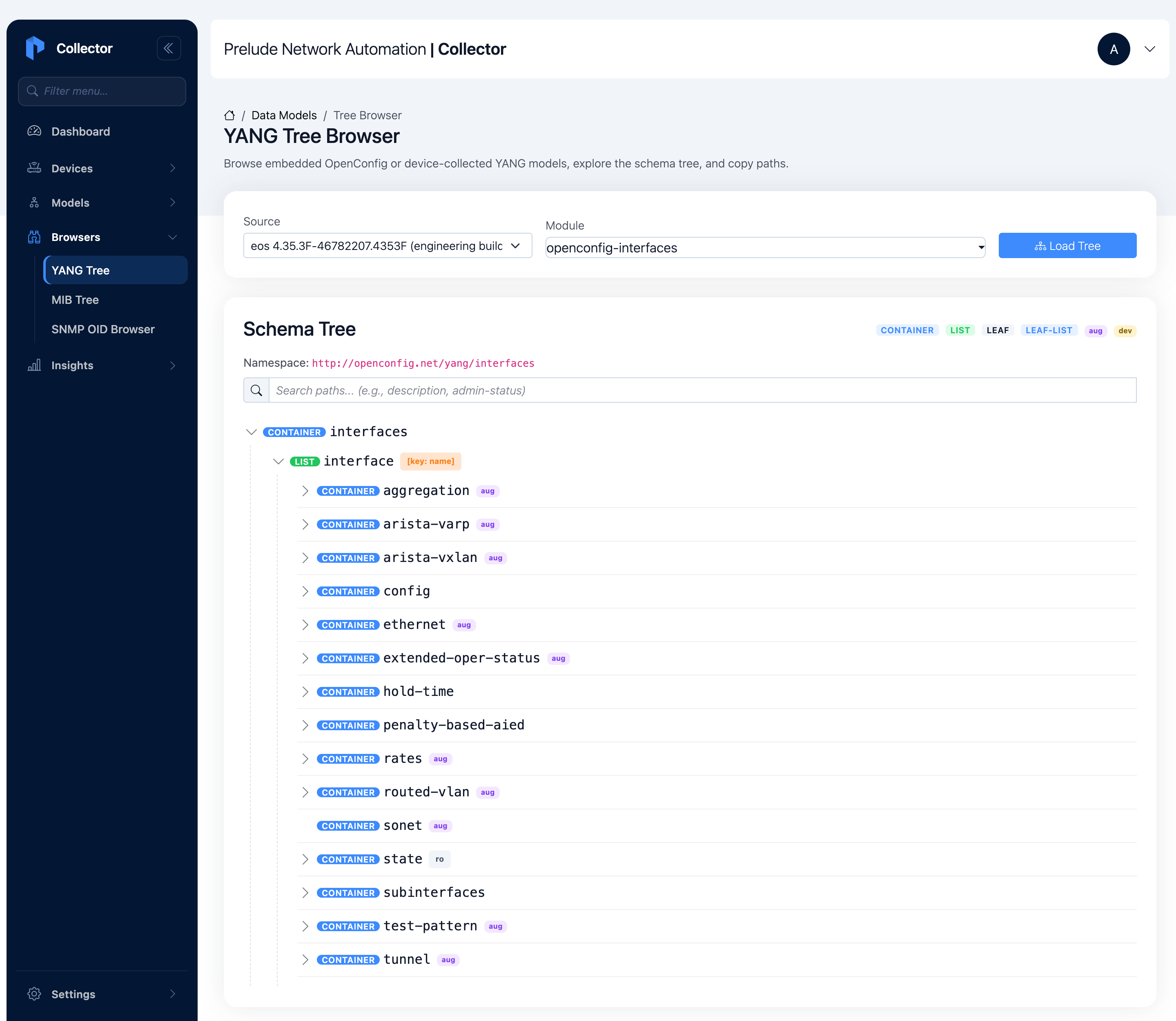 The YANG Tree Browser showing the Arista EOS device-collected openconfig-interfaces module, its interface list expanded to reveal augmented containers — ethernet, aggregation, arista-varp, arista-vxlan, tunnel and more — each tagged with an aug badge